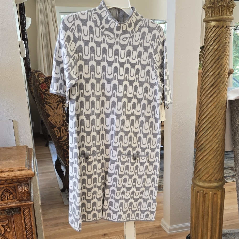 MAEVE By Anthropologie Gray And White Sheath Dress Mock Neck 3/4 Sleeve, Pockets